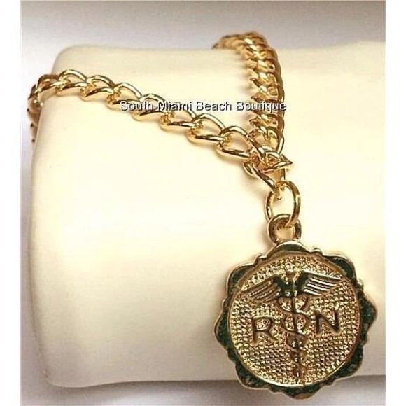 Gold RN Nursing Caduceus Charm Bracelet Nurse Graduation Gift Plated USA Seller - Picture 2 of 9